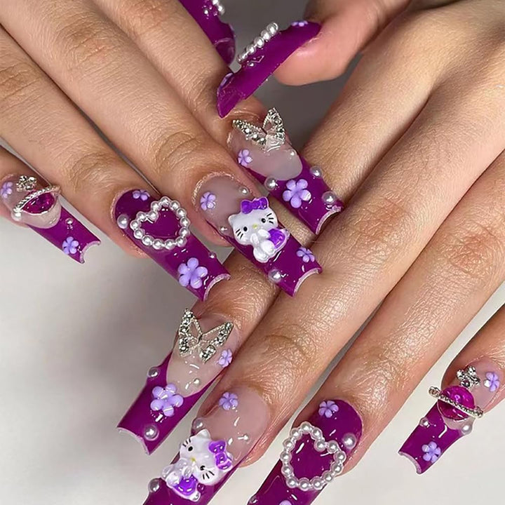 24Pcs Pink Coffin Nails Press on Nails Long Coffin Fake Nails with 3D Heart Pearl Star Nail Charms Design Nail Gems Diamond Pink Acrylic Nails Supply Full Cover False Nails Stick on Nails for Women