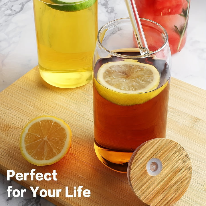 4Pcs Drinking Glasses with Bamboo Lids and Glass Straw - 16 Oz Can Shaped Glass Cups for Beer, Ice Coffee, Cute Tumbler Cup Great for Soda Boba Tea Cocktail Include 2 Cleaning Brushes - Total Trends Fusion