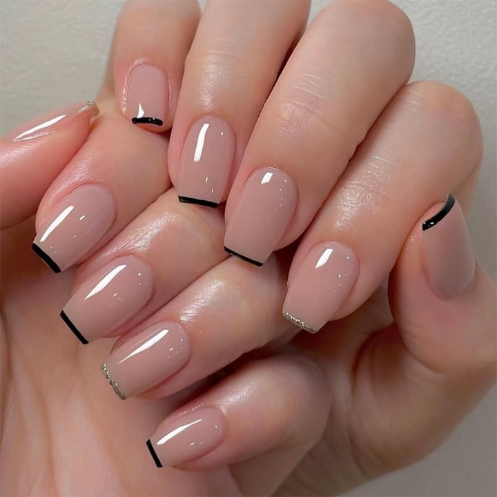24Pcs/Set Short Fake Nails for Women Girls French Nude Square White Tips with Rhinestones Glitters Y2K Press on False Nail Art