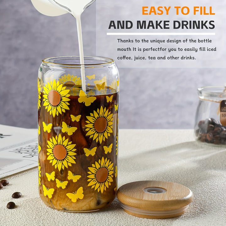 4PS Sunflower Printed Glass With Lid And Straw 16OZ Coffee Mugs, Drinking Mugs 4-Piece Set For Coffee, Milk Tea, Juice, Beer Mugs, Gift Mugs - Total Trends Fusion