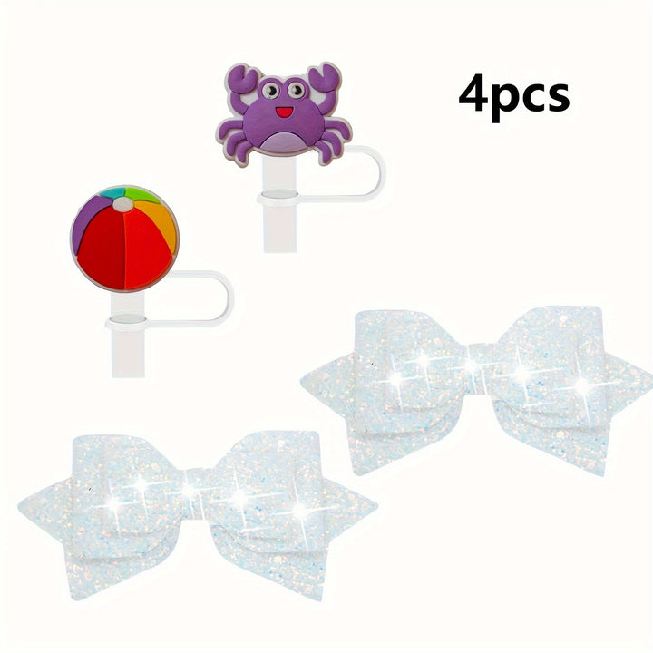 4PCS Modern Cup Accessories Set - Straw Cover Caps & Glitter Bow Charms Hanging Ornaments for 30 & 40 Oz Stanley Cups, Plastic Straw Toppers, General Fit, No Electricity Needed, Featherless - Total Trends Fusion