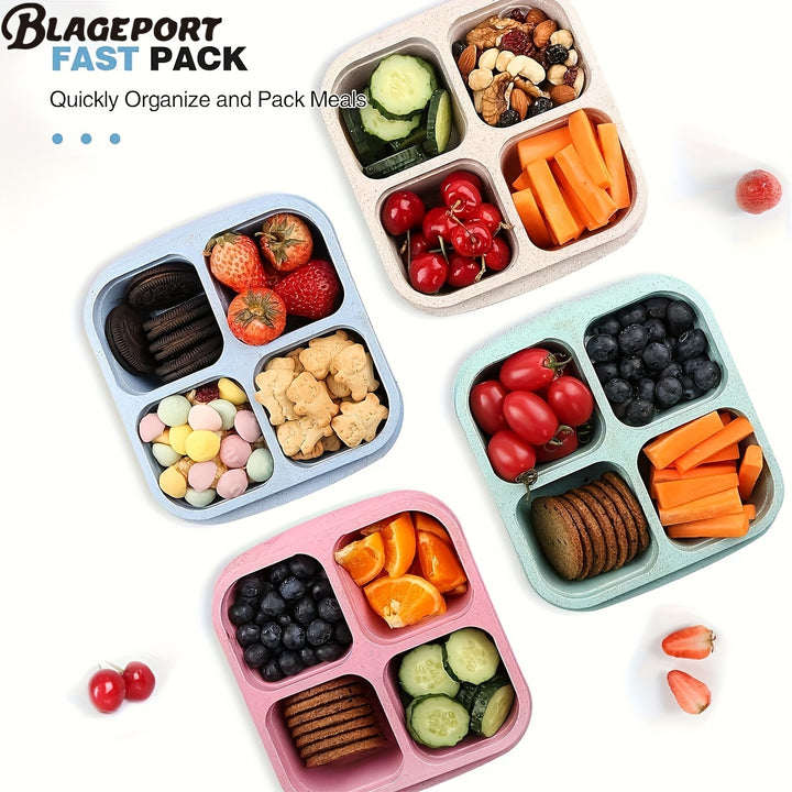 12 Pcs Bento Snack Containers 4 Divided Compartments Wheat Straw Snack Box with Lid Reusable Meal Prep Lunch Box Food Storage Containers for Adults Travel Work - Total Trends Fusion