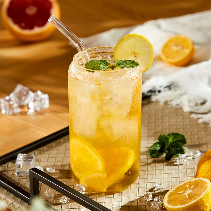 4pcs Glass Cups With Lids And Straws, 16OZ Beer Can Shaped Drinking Glasses Set, Iced Coffee Cup, Glass Tumbler With 1 Cleaning Brush, Ideal For Cocktail, Whiskey, Tea - Total Trends Fusion