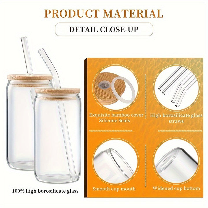 4Pcs Drinking Glasses with Bamboo Lids and Glass Straw - 16 Oz Can Shaped Glass Cups for Beer, Ice Coffee, Cute Tumbler Cup Great for Soda Boba Tea Cocktail Include 2 Cleaning Brushes - Total Trends Fusion