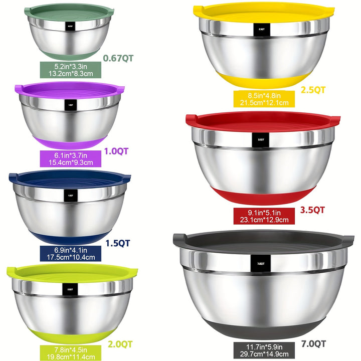 Bowls With Airtight Lids, 20 Piece Stainless Steel Metal Nesting Bowls, Non-Slip Colorful Silicone Bottom, Size 7, 3.5, 2.5, 2.0, 1.5, 1, 0.67QT, Great For Mixing, Baking, Serving - Total Trends Fusion