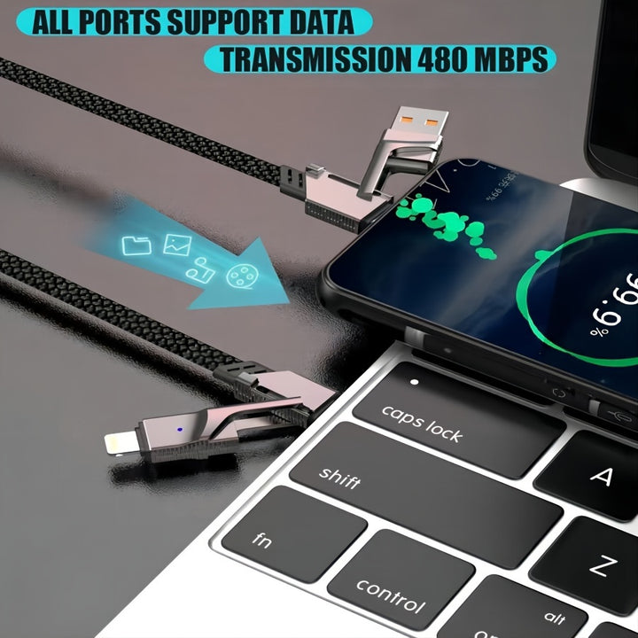 4-In-1 Usb-C Charging & Data Cable, 59" High-Speed Braided Cord With Multi-Connector Heads For Iphone, For Ipad, And For SamSung Galaxy - Supports Power Delivery Up To 120W - Total Trends Fusion