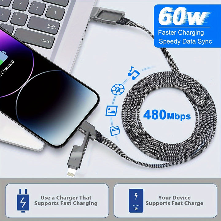4-In-1 Usb-C Charging & Data Cable, 59" High-Speed Braided Cord With Multi-Connector Heads For Iphone, For Ipad, And For SamSung Galaxy - Supports Power Delivery Up To 120W - Total Trends Fusion