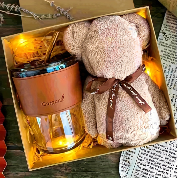 2 Pcs Deluxe Bear Towel Mug Gift Set Cute Soft Bear Towel Durable Glass Mug with Straw Creative Birthday Gift Memorial Day Gift Graduation Season Gift Christmas Gift Trendy and Practical Family Gift Set with Exquisite Gift Box