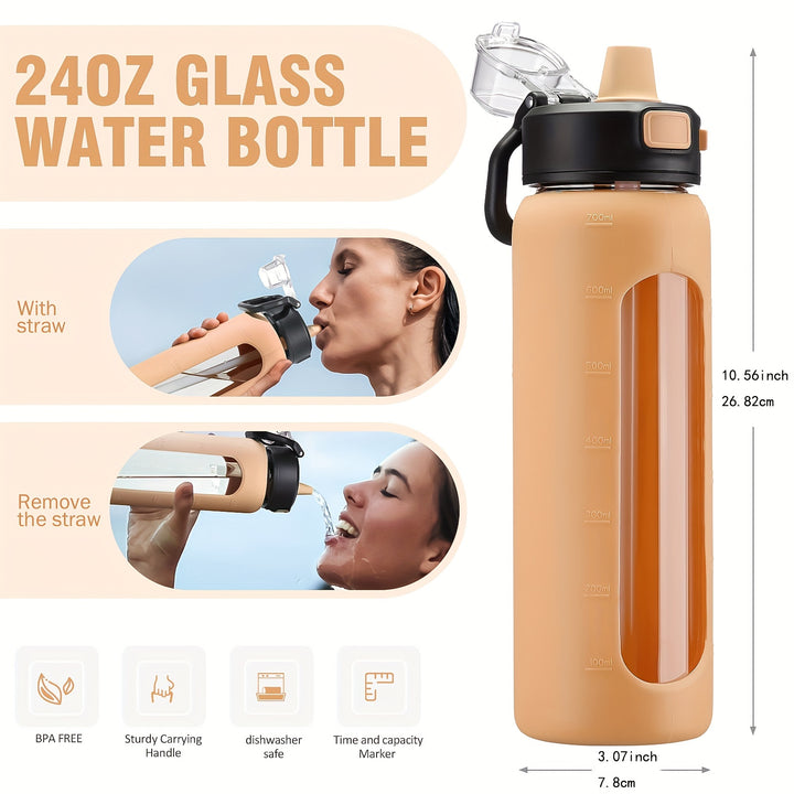 MUKOKO 24oz Glass Water Bottle With Straw, Motivational Water Bottles With Time Marker And Silicone Sleeve, Glass Bottle With Locking Lid And Carry Loop - Total Trends Fusion