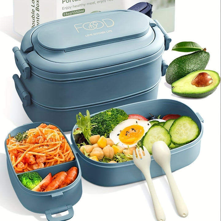 Bento Box Adults Lunch Box: Stackable Lunchbox w/Utensils, Leak-Proof Portable Lunch Container w/Divided Compartments, 1550ml Microwave Safe Lunch Box for Work, Outdoors - Total Trends Fusion