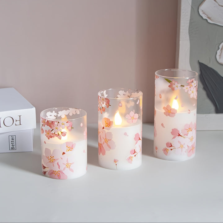 3 Pack, Plastic Flameless Flickering Candles, Pink Flower Pattern, Battery Operated, With Looping 24-hour Timer And 10-button Remote Control, Suitable For Indoor, Outdoor, Wedding Decoration - Total Trends Fusion